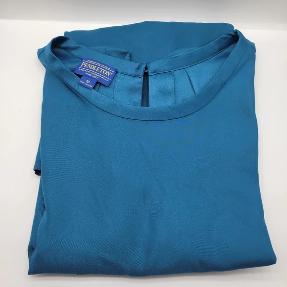 VTG Blue Label Pendleton Teal Long Sleeve Blouse Size 10 Keyhole Clousure Back - Picture 9 of 10